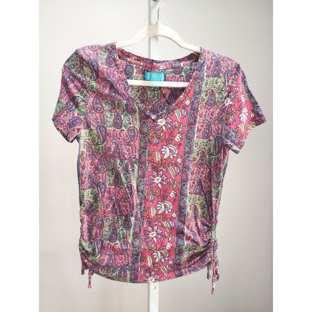 CJ Breeze Caribbean Joe Pink Paisley Floral Ruched Side Tie V-Neck Top Medium